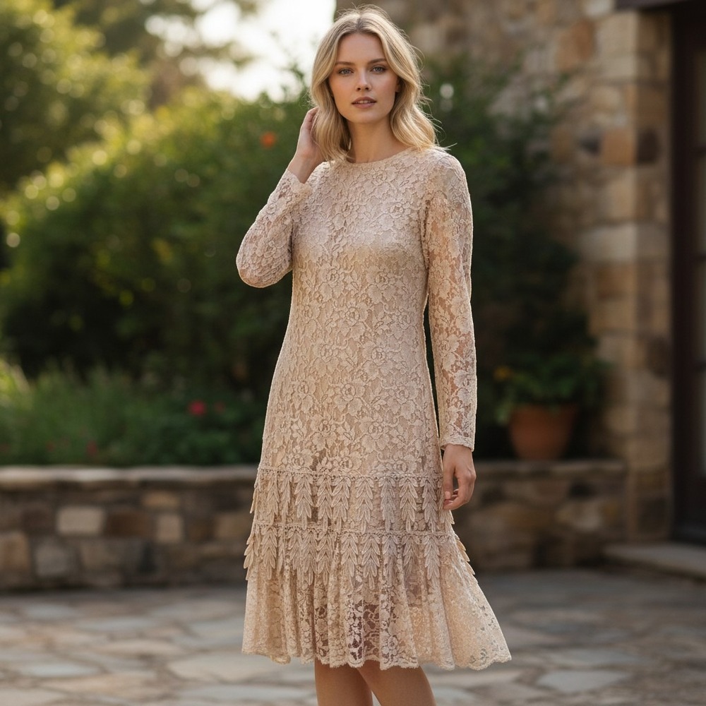 Vintage Ursula of Switzerland Off White/cream  Lace Dress Size8 Long Sleeves